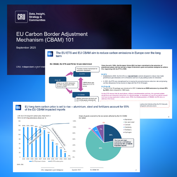 Preview of CRU's CBAM 101 Report - showcasing the title page and a two other pages going through data with charts