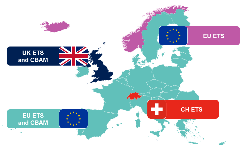 An illustration of a map visualising UK CBAM regulation and highlighting its role in carbon pricing and alignment with EU climate goals.