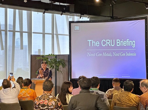 A male presenter speaking at the podium with the background of a project screen which says the CRU Briefing on it