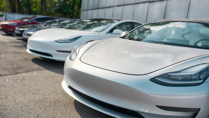 A row of parked EVs