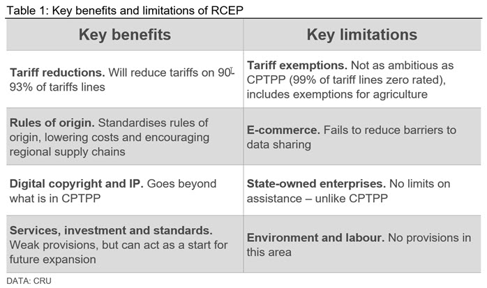 Table showing the key benefits and limitations of RCEP